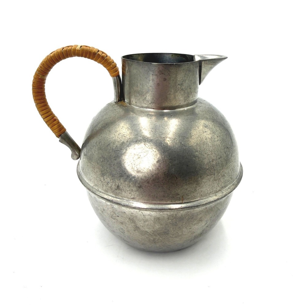 Queen Art‎ Pewter Pitcher 972 Danish Quality Brooklyn NY Rattan Handle Vintage